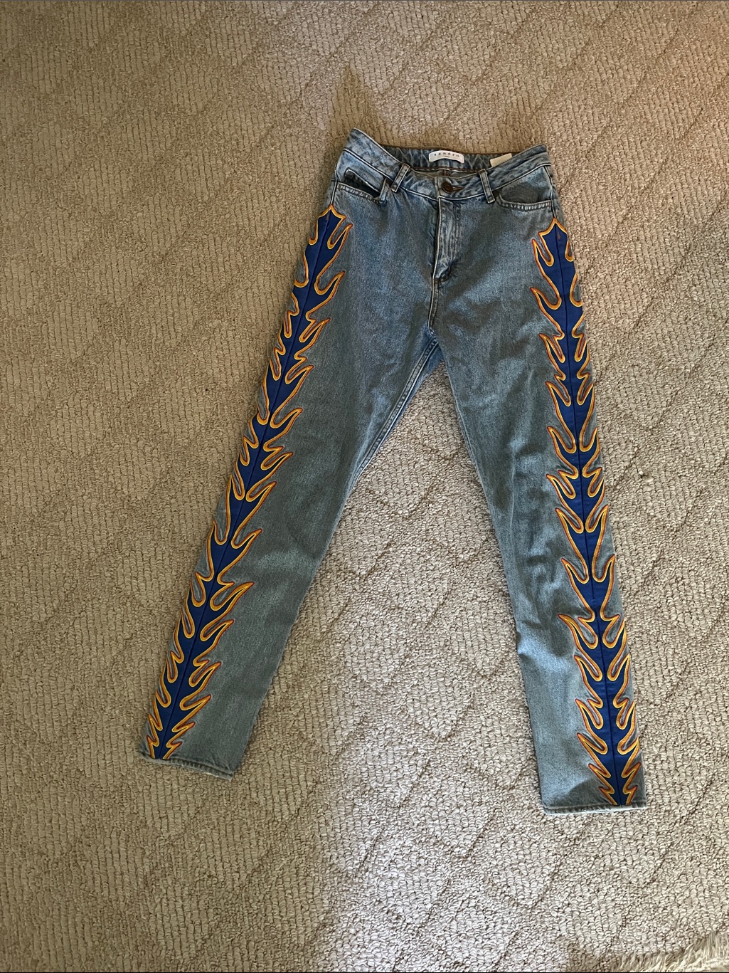 Sandro Blue Denim Skinny Jeans With Navy & Gold Flame Trim